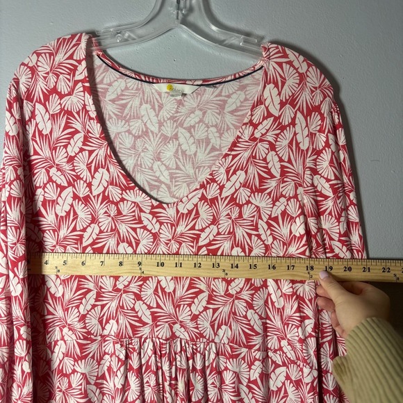Boden Red White Tropical Leaf Print V Neck Smocked Waist Midi Dress Size 14R - Picture 3 of 6